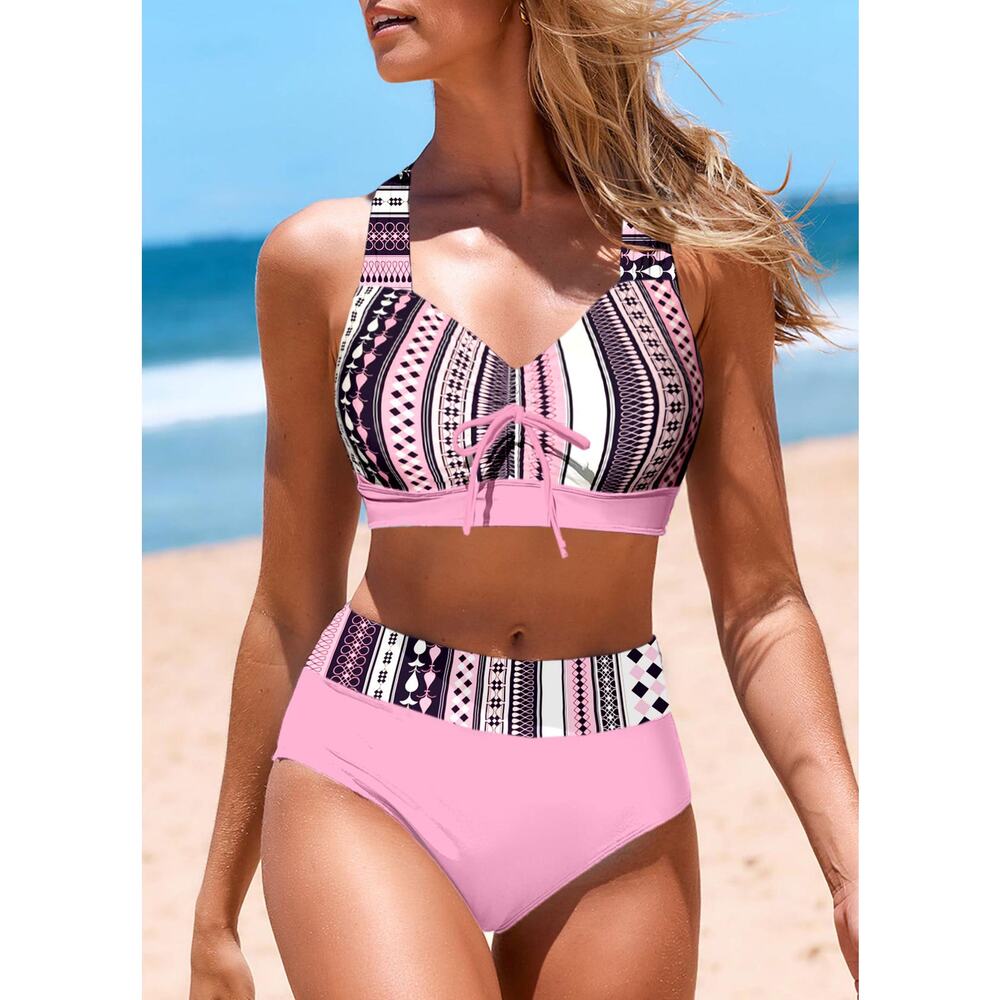 Bikini‎ Set Pink Patchwork High Waisted Bottom Size M Bikini Top Large Women's